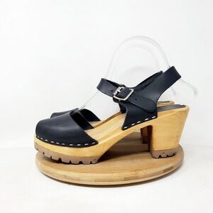 MIA Greta Clogs Womens 38 Black Leather Ankle Strap Peep Toe Wood Sole Shoes